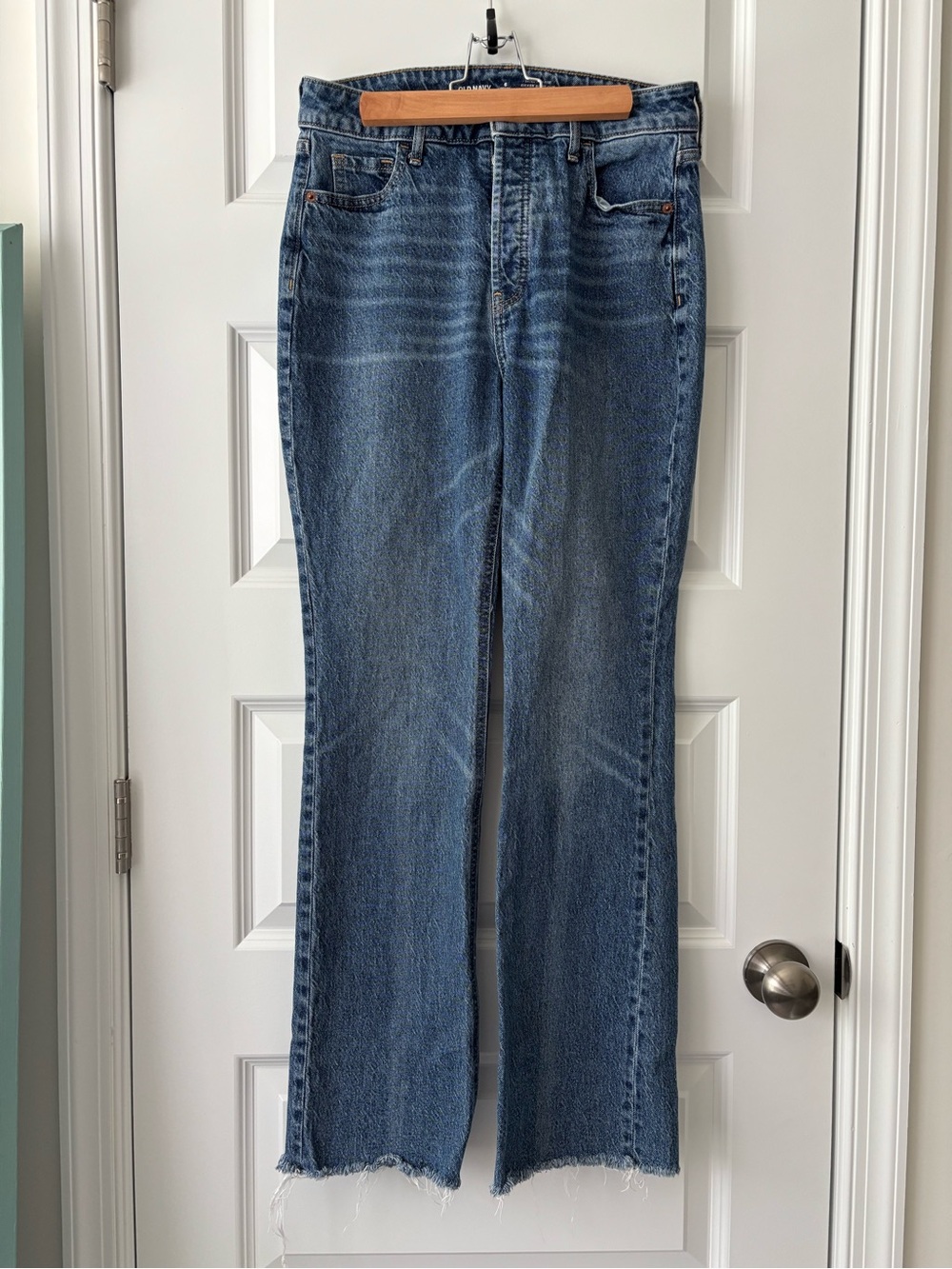 Old Navy Size 6 Petite Extra High Rise Kicker Boot-Cut Raw Hem Blue Jeans